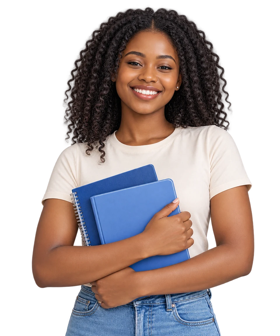 A smiling learner holding her notebooks