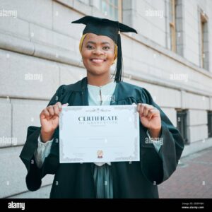 university-graduation-certificate-and-portrait-of-black-woman-with-school-success-college-education-or-award-city-diploma-and-african-student-2RDFYGH